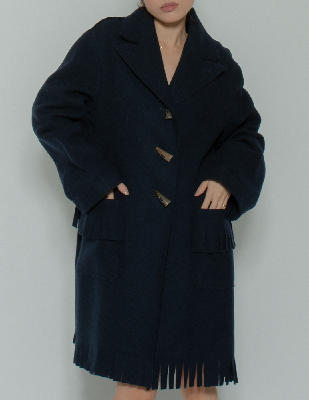 vintage navy wool coat with fringes