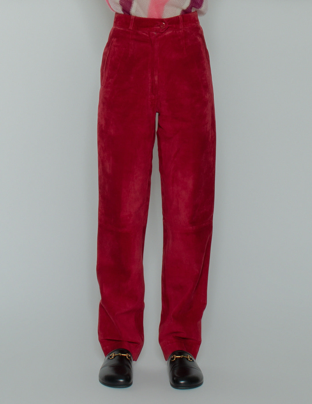 Gucci vintage red high waisted suede trousers front detail