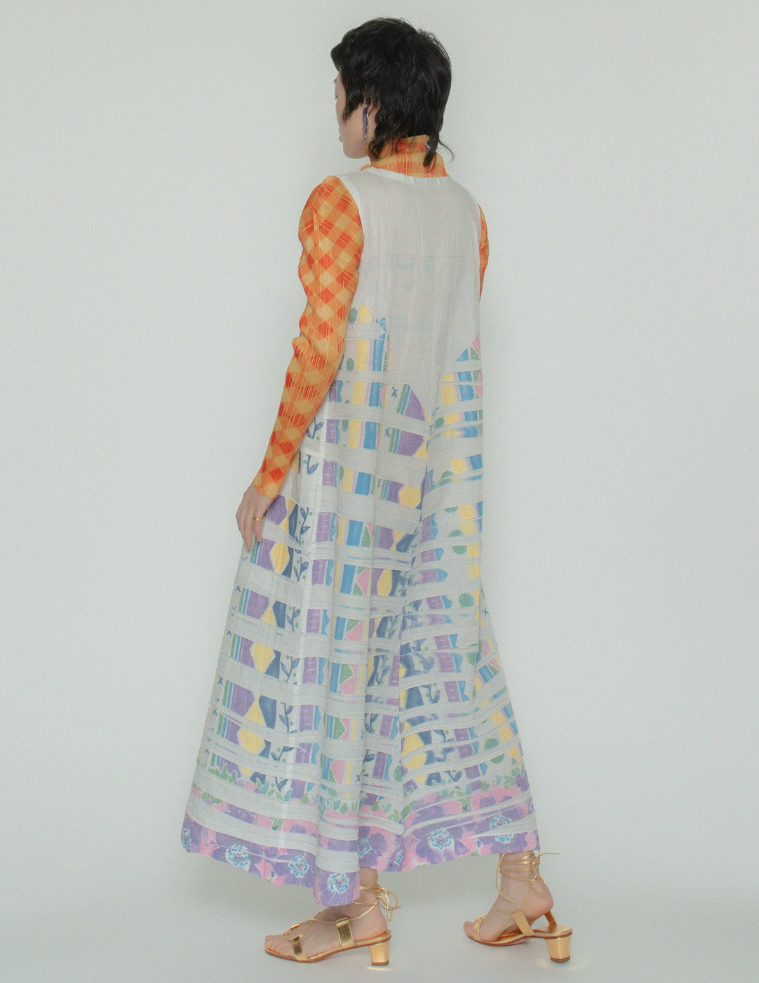 Issey Miyake multi-colored pleated tank dress back view