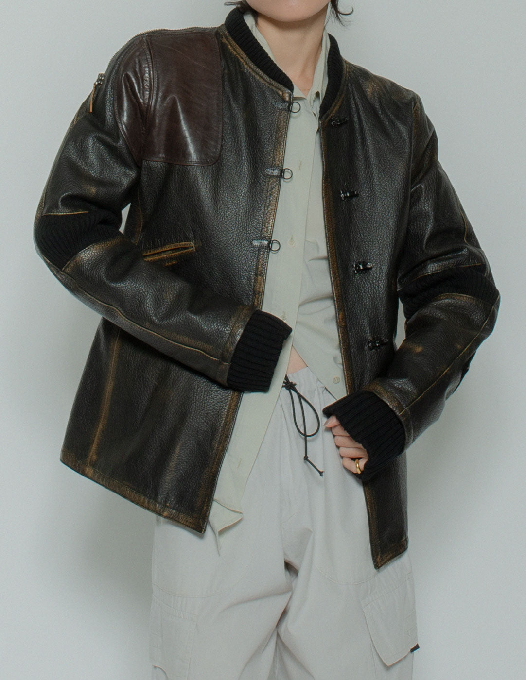 Jean Paul Gaultier vintage moto leather jacket open detail
