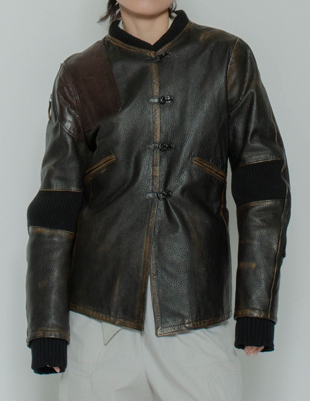 Jean Paul Gaultier vintage moto leather jacket front detail