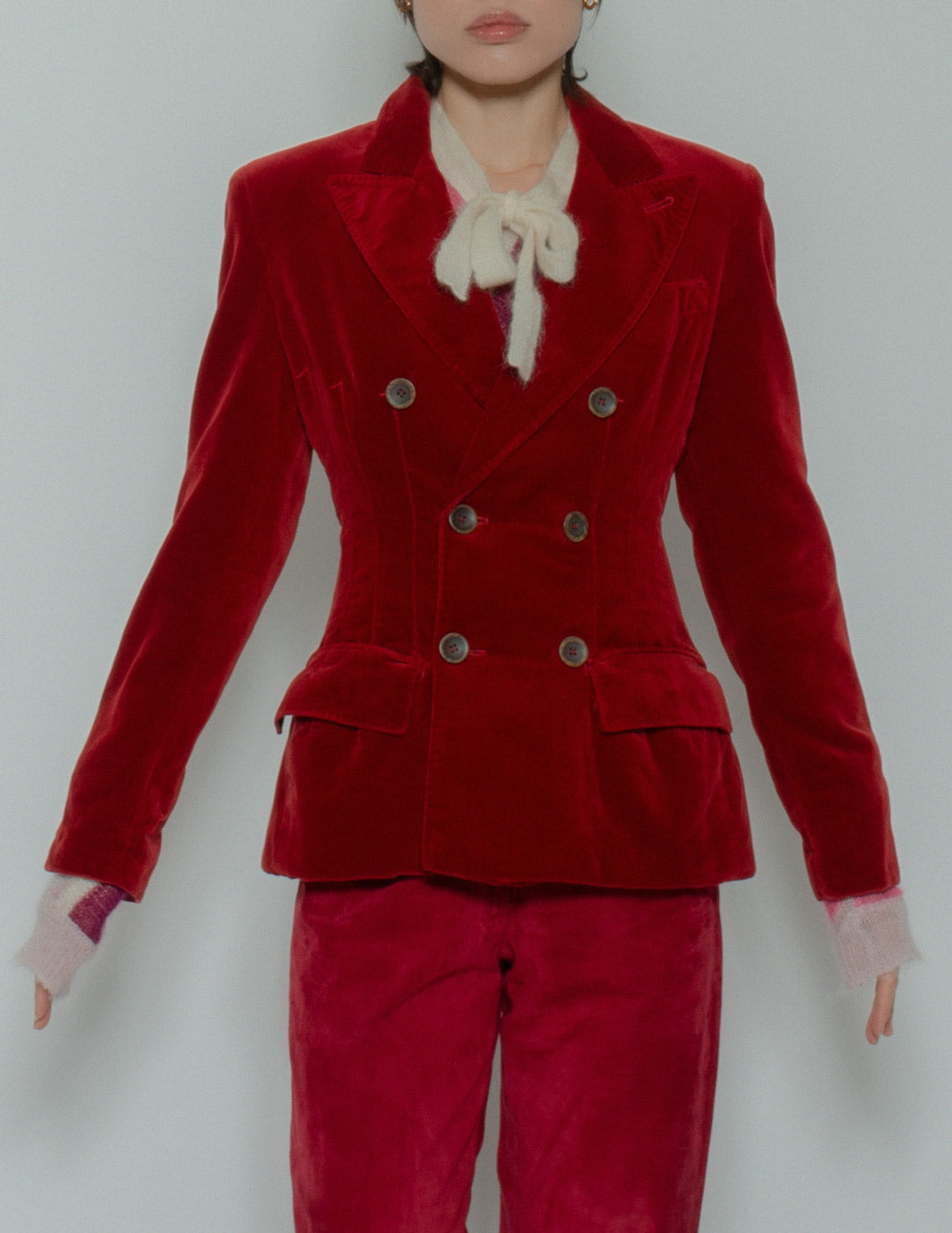 Jean Paul Gaultier vintage red velvet blazer front detail