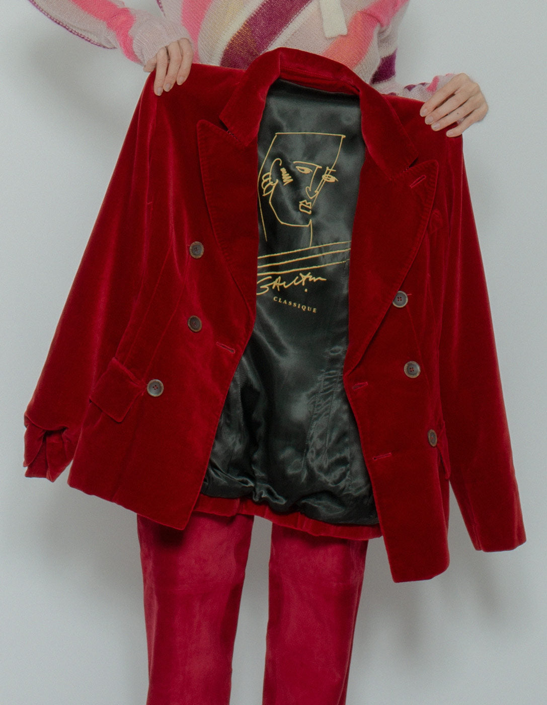 Jean Paul Gaultier vintage red velvet blazer inner detail