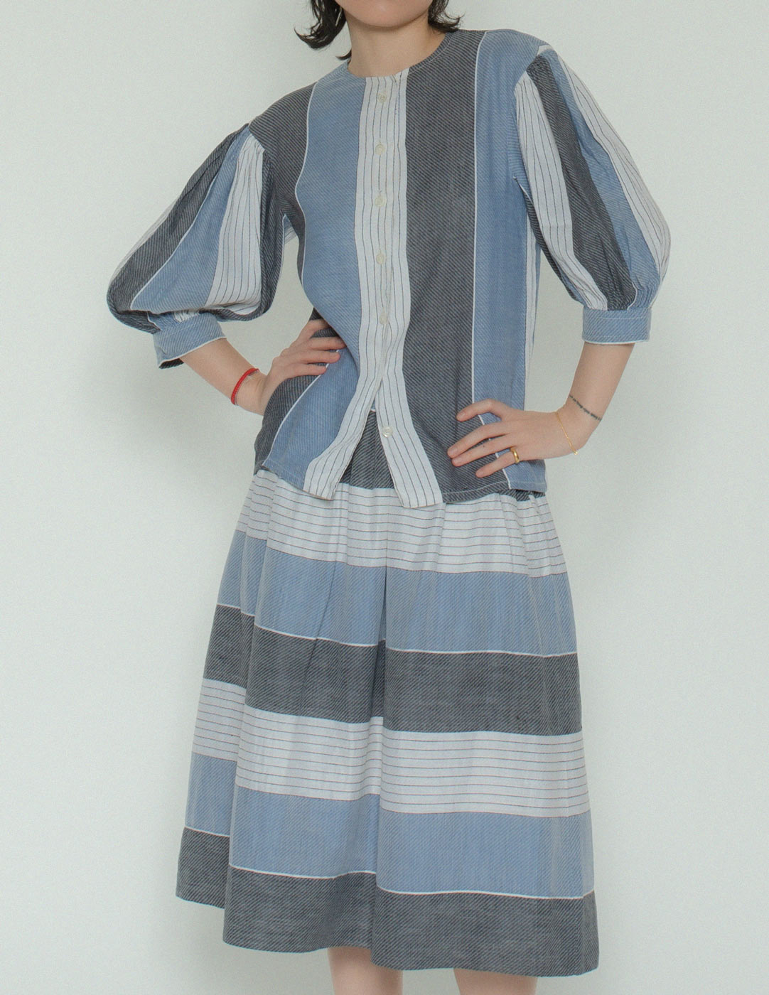 Lanvin vintage striped linen skirt set front detail