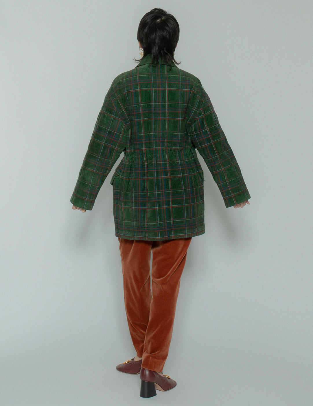 Loewe vintage forest green suede coat with plaid stitching back view