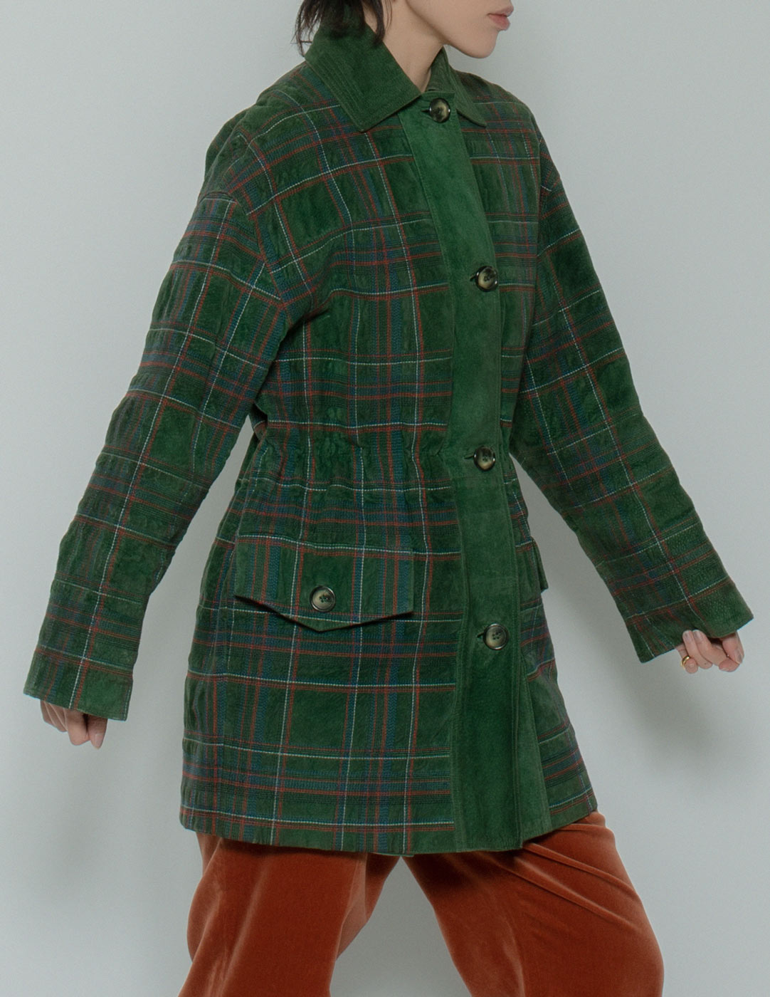 Loewe vintage forest green suede coat with plaid stitching front detail