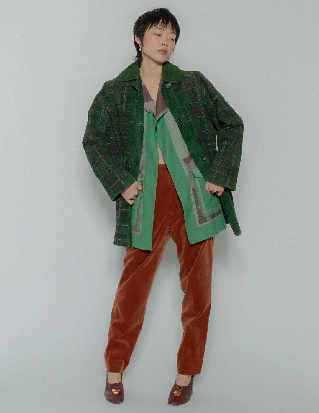 Loewe vintage forest green suede coat with plaid stitching