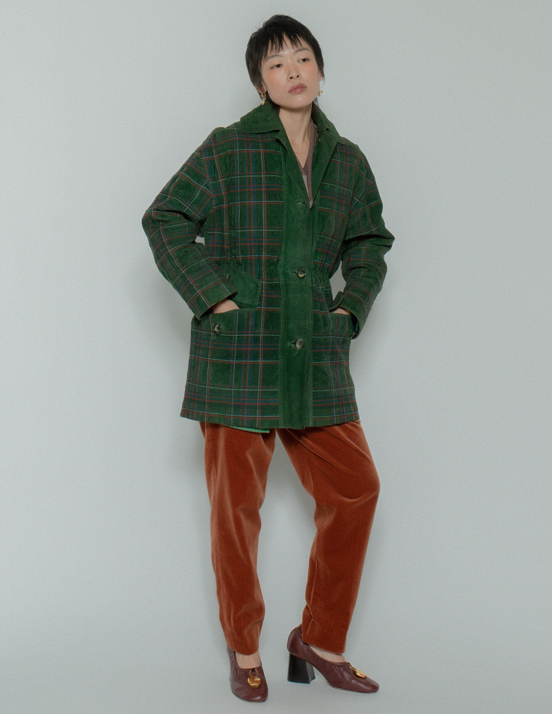 Loewe vintage forest green suede coat with plaid stitching