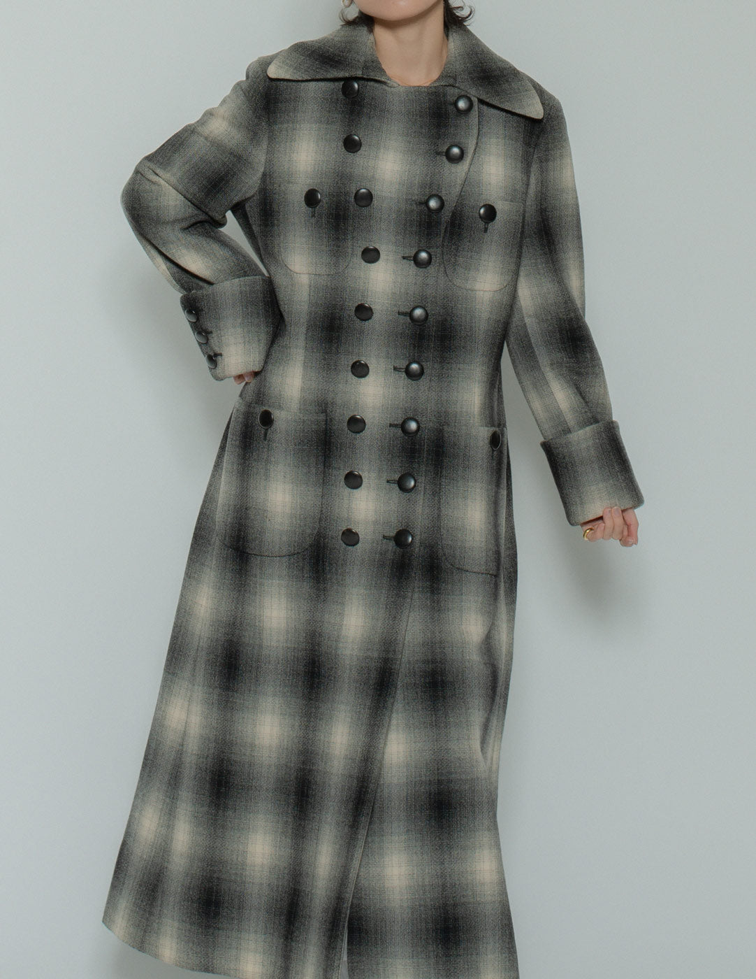 Moschino gradient plaid maxi wool coat front detail