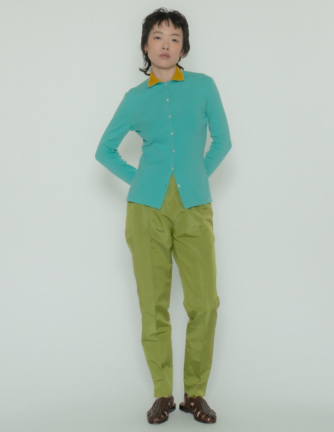 Prada chartreuse green silk trousers