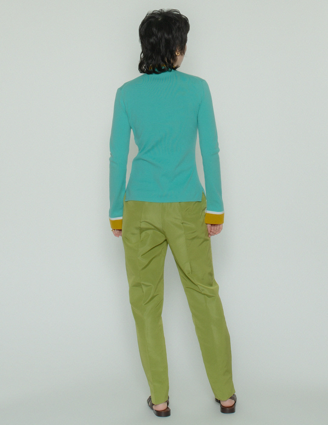 Prada chartreuse green silk trousers back view