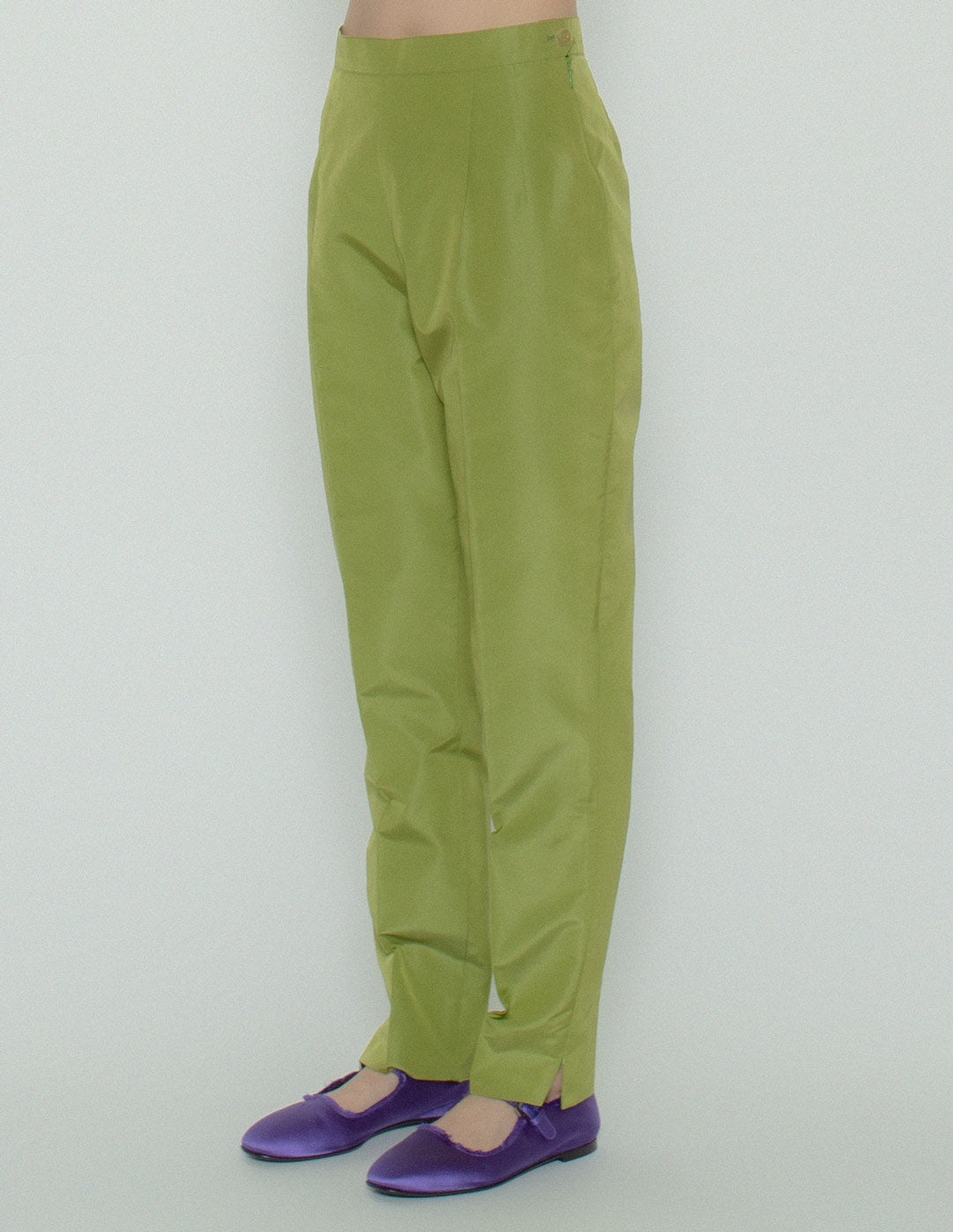Prada chartreuse green silk trousers side detail
