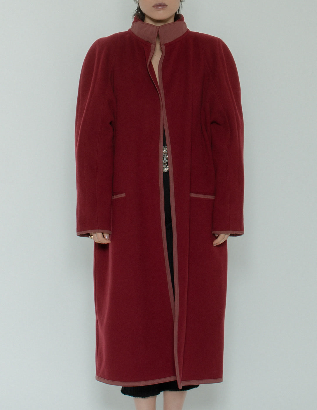 Gianni Versace vintage maroon wool and cashmere coat detail