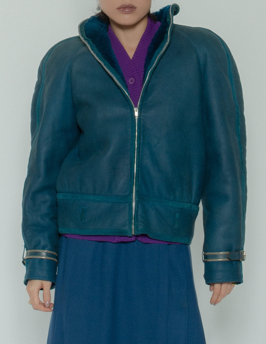 Gianni Versace vintage teal shearling bomber jacket front detail