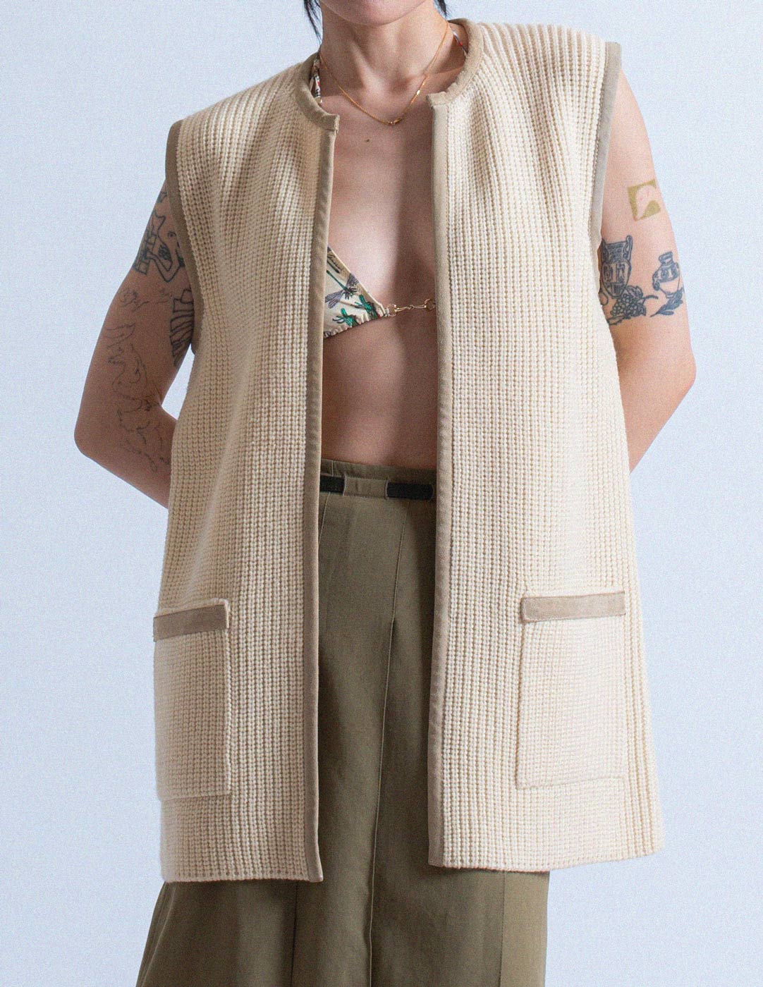 Celine vintage wool vest with suede trim front detail