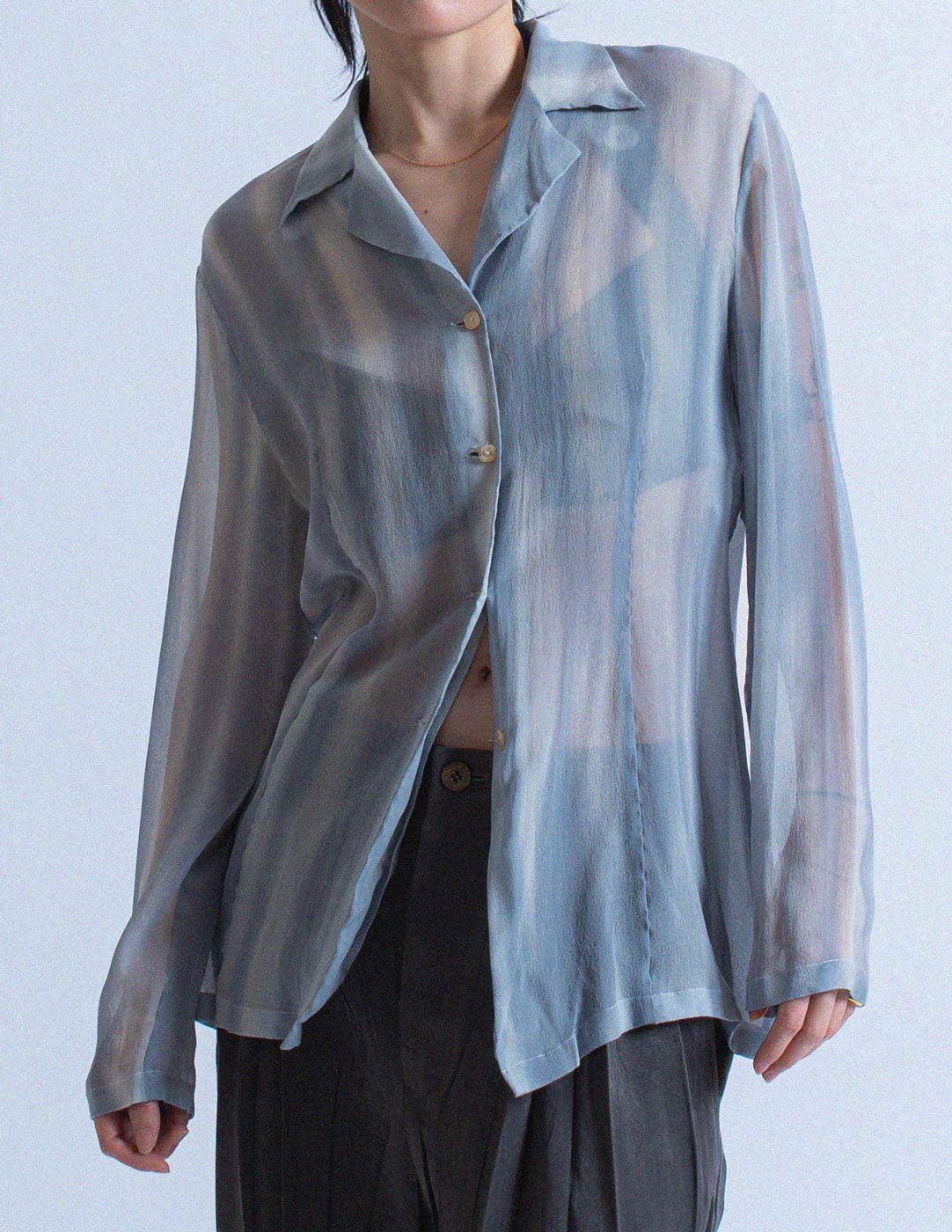 Gianfranco Ferré vintage sheer blue silk shirt front detail