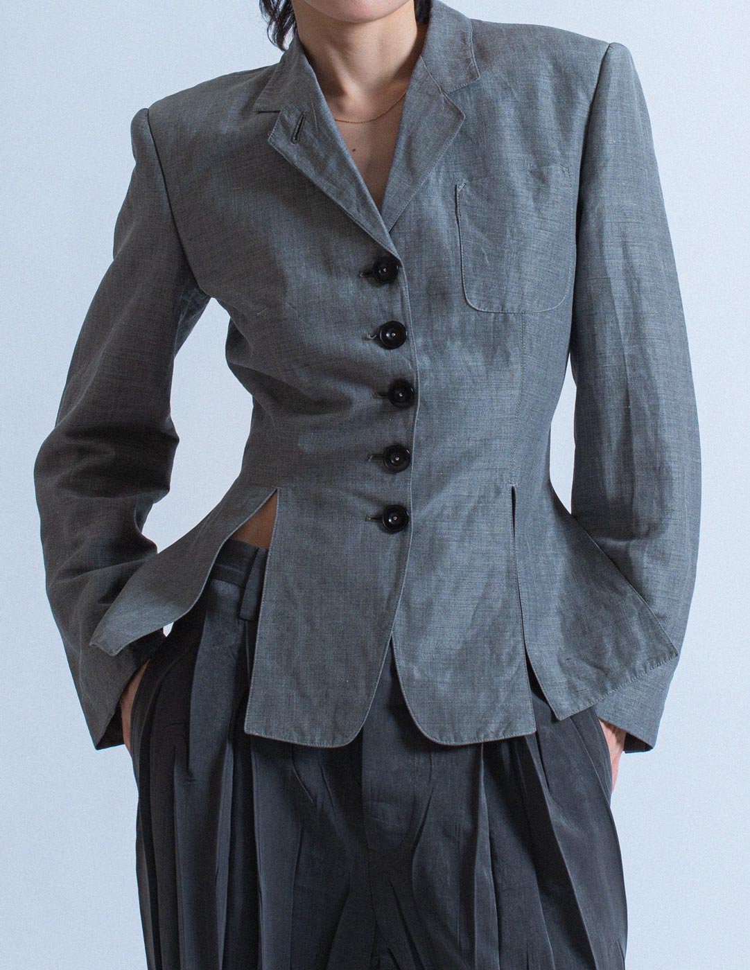 Jean Paul Gaultier vintage gray fitted blazer front detail