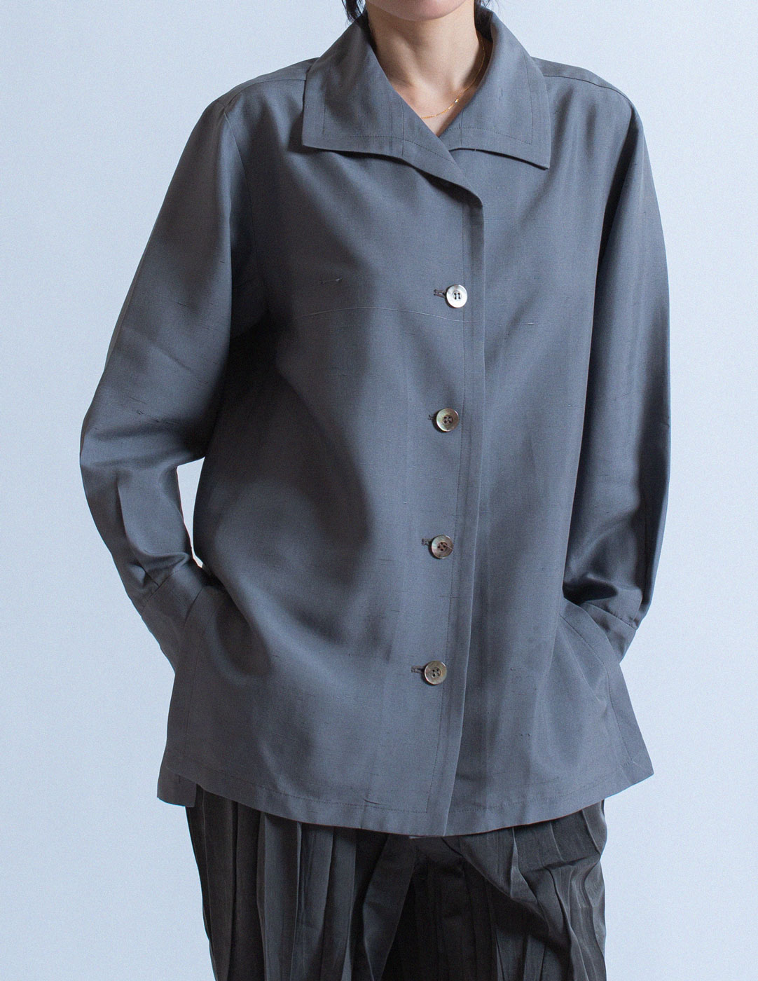 Yves Saint Laurent vintage slate gray silk shirt front detail